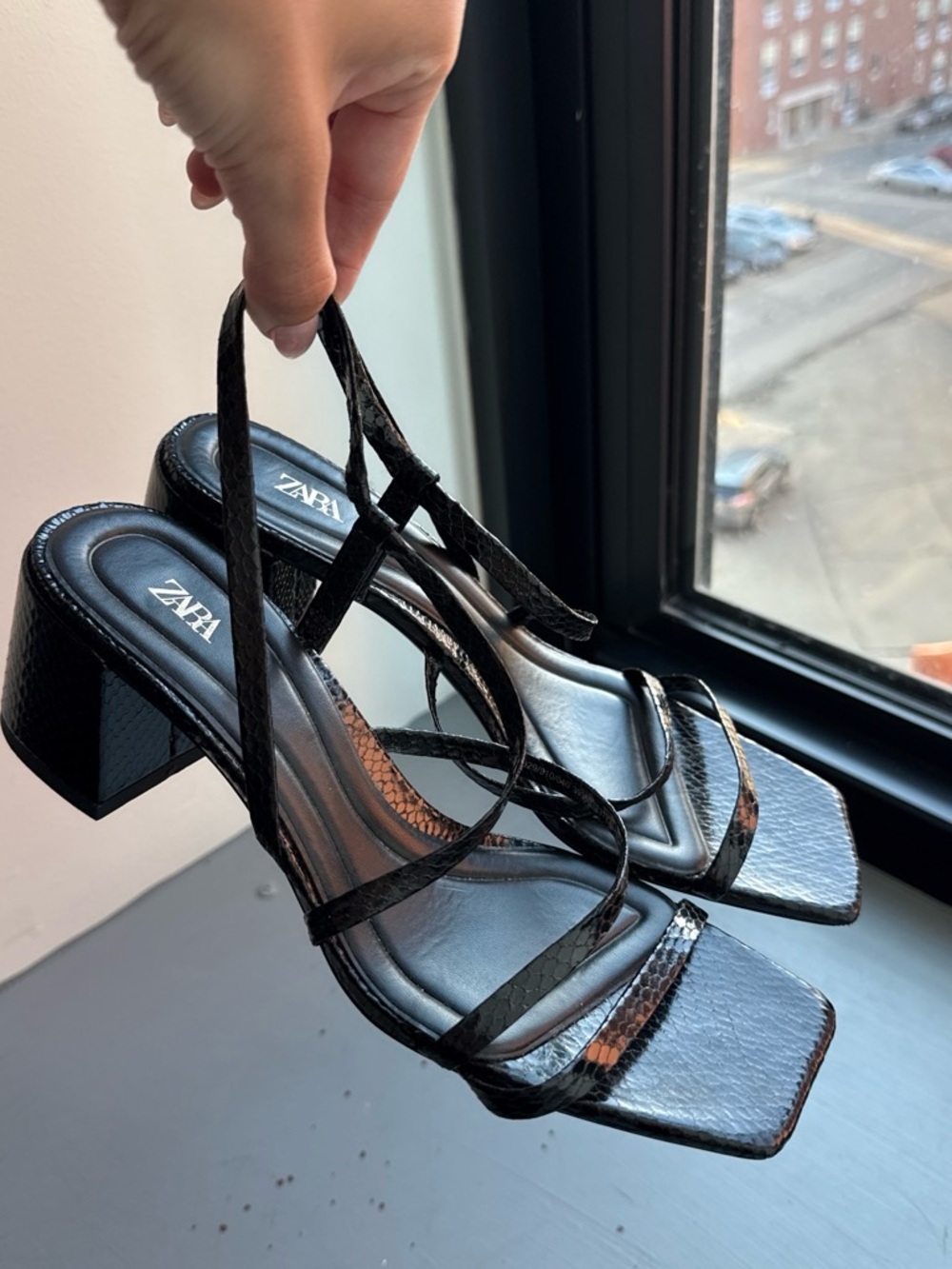 ZARA Black Textured Strappy Block Heels
